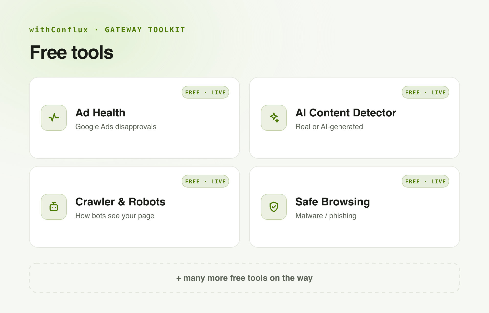 withConflux Gateway Toolkit — one gateway powering many free tools